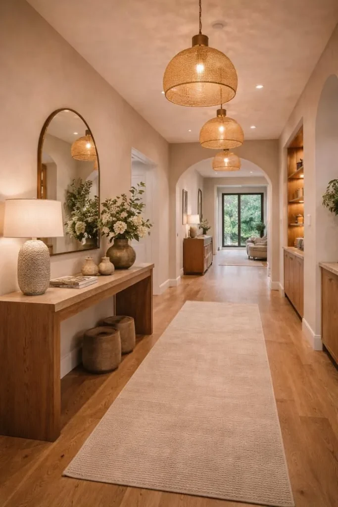 A spacious, warm-toned hallway featuring light wood flooring and a long neutral runner rug leading under plaster arches. On the left, a wooden console table is styled with a textured table lamp, decorative ceramic jars, and a large floral arrangement below a tall arched wall mirror. Three large woven dome pendant lights hang in a row down the ceiling, casting a soft glow toward a sitting area at the far end.