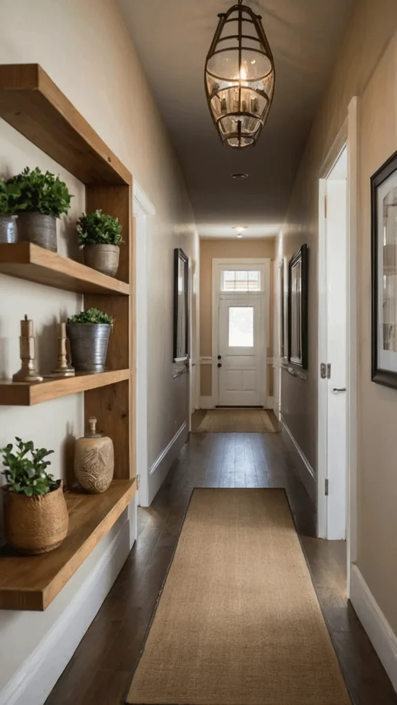 A long, narrow hallway featuring dark hardwood floors lined with a textured beige jute runner rug leading toward a white front door. On the left wall, a built-in wooden shelving unit is styled with various potted green plants, small candlesticks, and a decorative ceramic jug. A large, rustic metal lantern pendant light hangs from the ceiling, casting a warm glow down the corridor.