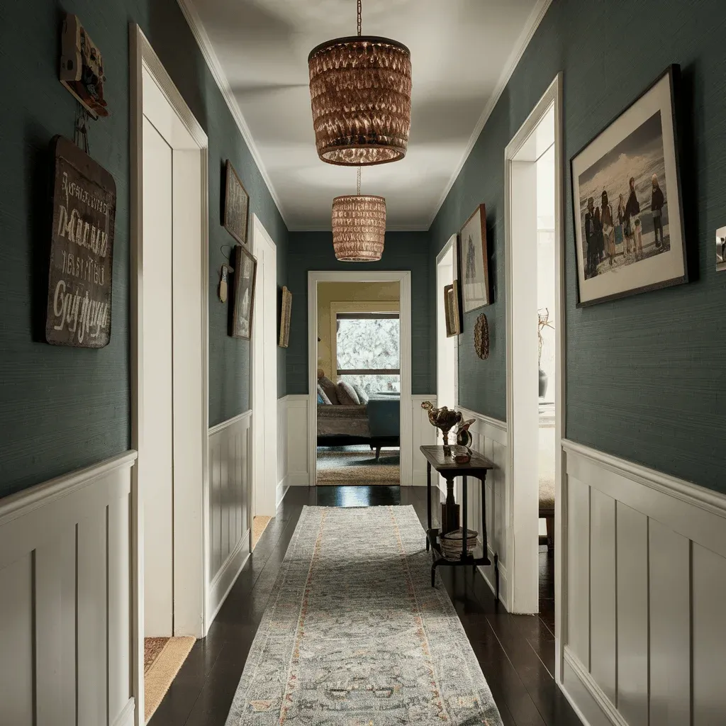 A long hallway featuring textured teal-blue walls paired with white vertical board-and-batten wainscoting and trim. Dark wood floors are layered with a faded vintage-style patterned runner rug leading towards an open doorway at the end of the hall. Two woven, beaded cylinder pendant lights hang from the white ceiling, while a small dark wood console table and framed art pieces line the narrow walkway.