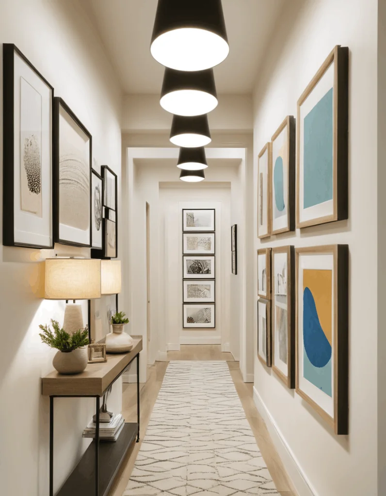 A long, narrow white hallway featuring a grid of wood-framed abstract artwork with blue and yellow accents on the right and black-framed art on the left. A slender console table with warm table lamps stands on the left, while a patterned cream runner rug guides the eye under a series of large black tapered pendant lights toward a vertical stack of framed art at the far end.