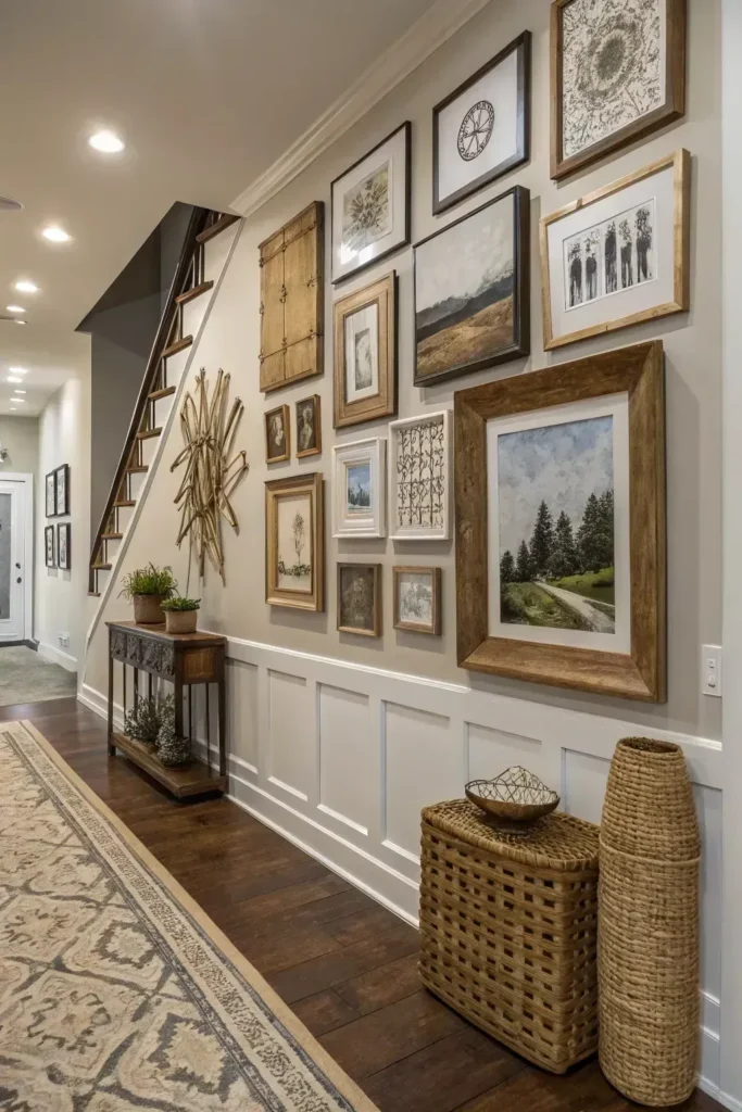 A long hallway featuring dark wood floors, white wainscoting, and a large gallery wall filled with varied wood-framed artwork and landscape paintings. A narrow wooden console table sits tucked under a staircase structure, styled with small potted plants, while woven wicker storage baskets and a tall floor vase accent the foreground.