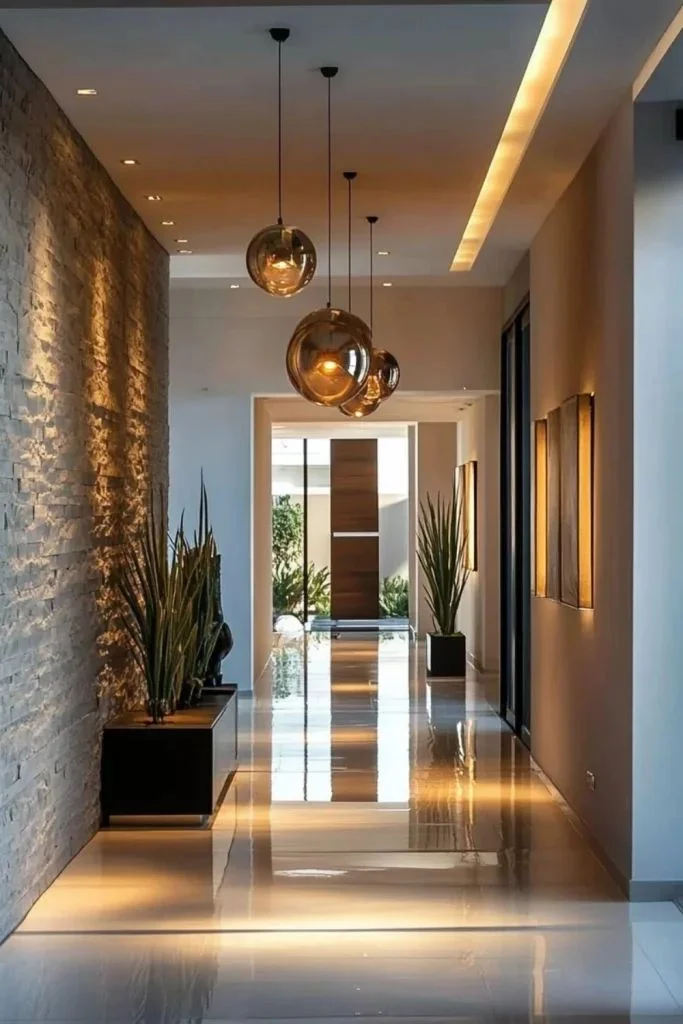 Luxury Modern Hallway with Stone Accent Wall and lighting fixtures A long, luxurious modern hallway featuring a textured stone accent wall with warm uplighting on the left, high-gloss polished floors reflecting light, and a row of amber glass globe pendant lights hanging from the ceiling.