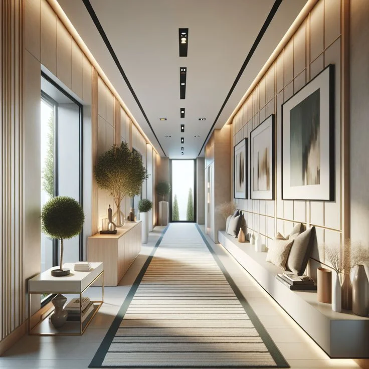 Luxurious Modern Long Hallway Design with Warm LED Lighting and Wall Art A long, spacious modern hallway with bright cove ceiling lighting and a striped center runner rug. The right wall features light-colored wood paneling decorated with three large framed abstract art pieces, a low built-in bench with throw pillows, and decorative vases. The left wall includes large windows, indoor topiary plants, and a light-wood console cabinet under soft illumination.