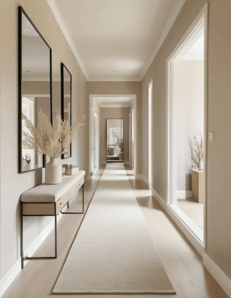 Modern Hallway Design with Console Table, Mirrors and runner rug on the hardwood floor A long, minimalist hallway featuring light beige walls and a cream runner rug over light hardwood flooring. On the left, a narrow black-framed console table displays a white ceramic vase with dried pampas grass beneath two large vertical mirrors. An open doorway on the right leads into a bright, sunlit room.