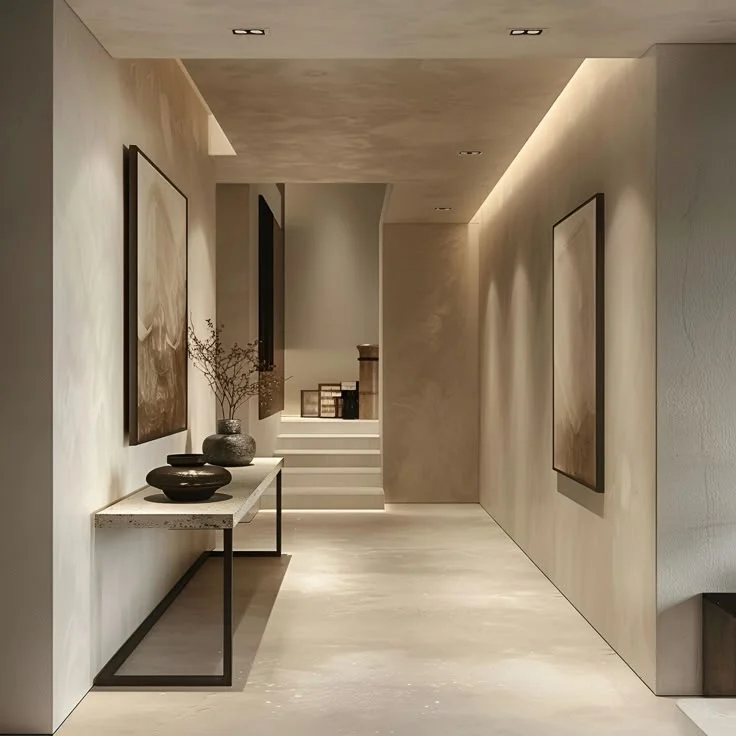 Modern Minimalist Hallway with Stone Console Table and Art A modern hallway with textured beige walls, warm recessed cove lighting, and a stone-top console table on the left holding dark ceramic vases. Framed abstract artwork hangs on opposing walls, leading the eye toward a small set of stairs in the background.