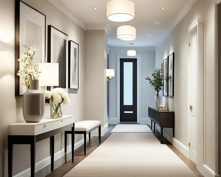 Modern Hallway with Console Tables and Elegant Lighting A long, narrow modern hallway featuring light gray walls, a light-colored runner rug, and multiple white drum pendant lights hanging from the ceiling. On the left, a sleek console table holds a large ceramic vase with white flowers and a table lamp, paired with framed abstract wall art and a small bench. On the right, a dark console table stands beneath additional framed artwork, leading toward a prominent black door at the far end.