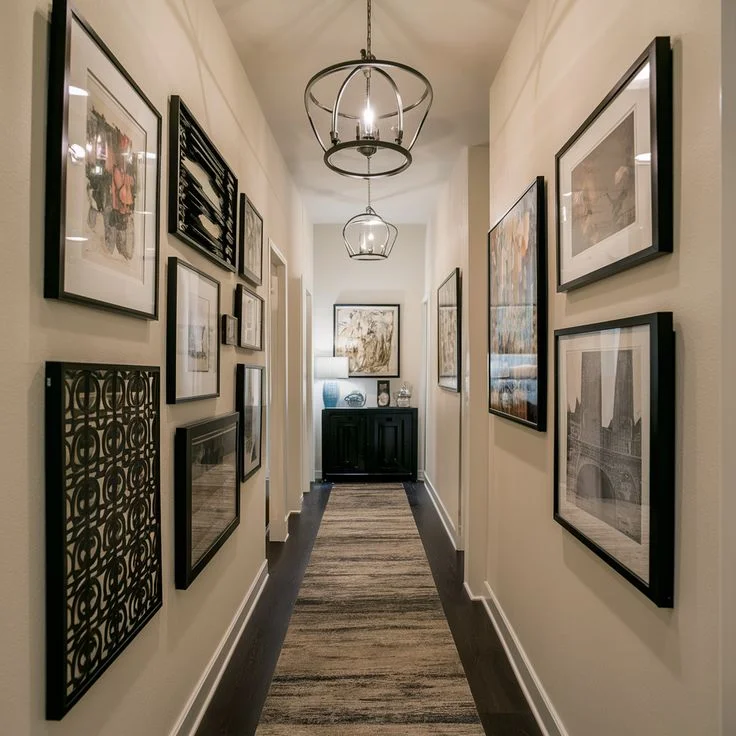 Modern narrow hallway decorated with an extensive gallery wall, cage pendant lighting, and a long neutral runner rug.