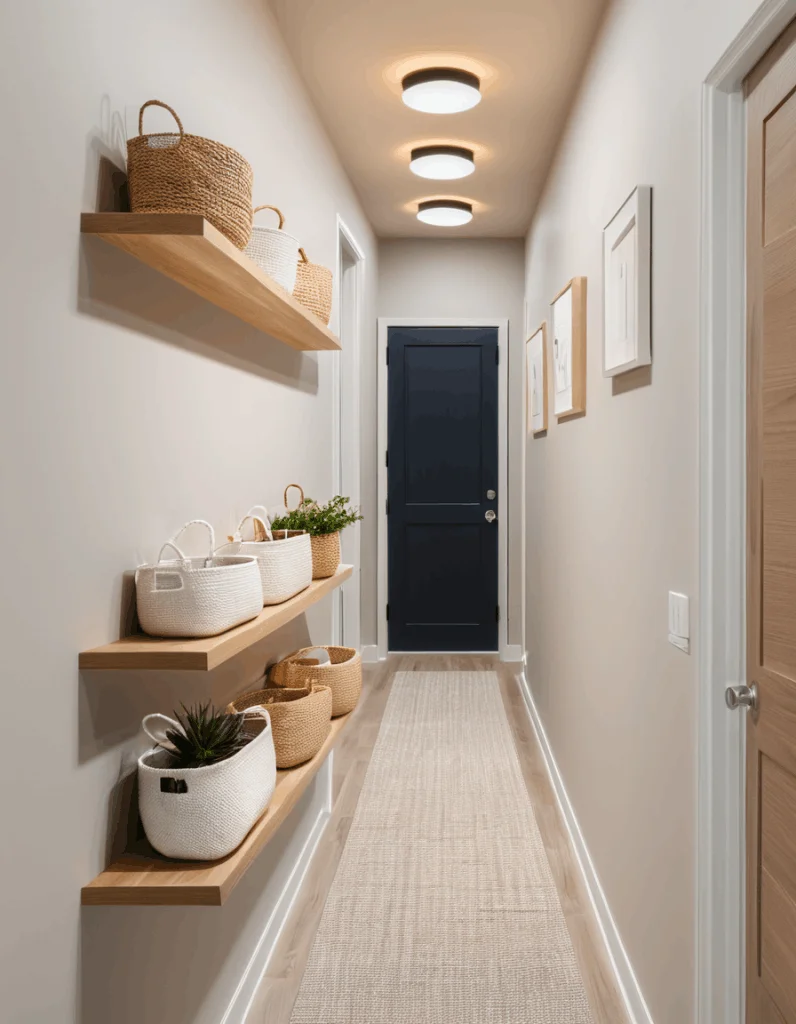 Bright narrow entryway decor featuring vertical storage with three tiers of light wood floating shelves holding white and jute baskets, ceiling lights, minimalist framed wall art, and a long beige runner rug.