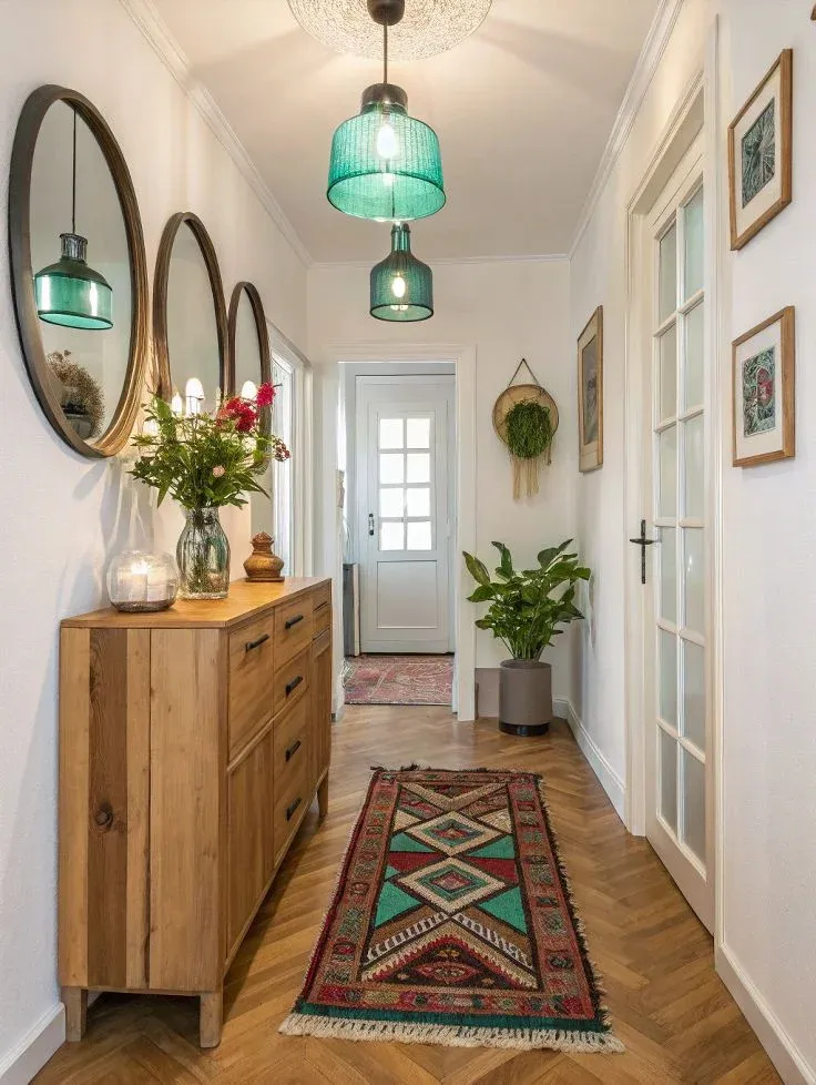 Wood console table, oval mirrors, geometric runner rug, teal glass pendant lights, herringbone flooring, and indoor plants.