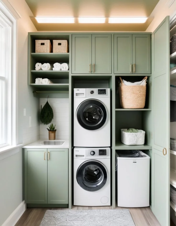 Small laundry room featuring sage green custom cabinetry, stacked front-load washer and dryer, built-in sink area, and woven storage baskets.