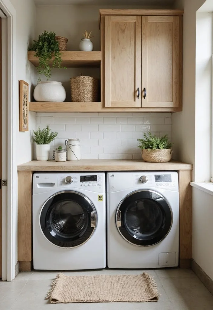 Small laundry room nook featuring front-load washer and dryer side-by-side under a light wood countertop, open wooden floating shelves with potted plants, and matching upper cabinets above a white subway tile backsplash.