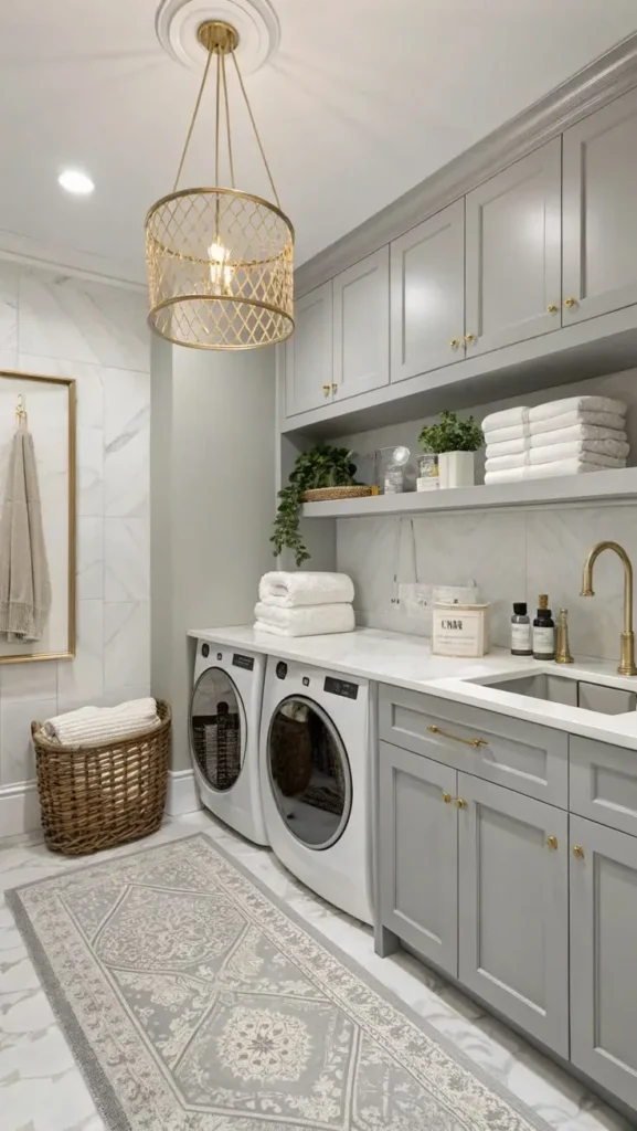 Elegant small laundry room featuring light grey shaker cabinets with gold brass hardware, side-by-side washer and dryer under a marble countertop, built-in sink, gold cage pendant light, and marble tile walls.