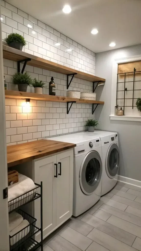 small laundry room featuring front-load washer and dryer, wooden open floating shelves with potted plants, white subway tile wall, and white shaker cabinet with butcher block countertop.