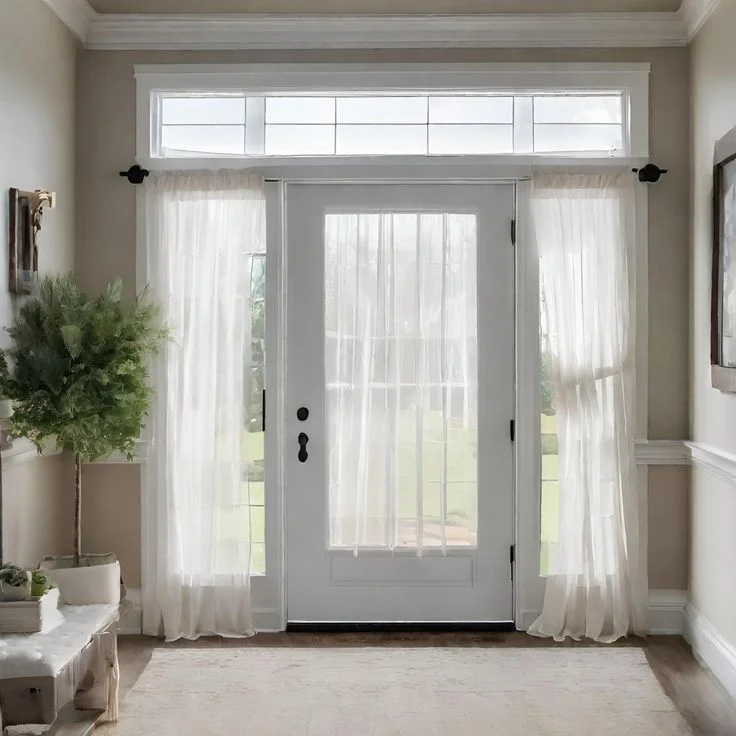 White sheer sheer curtains covering a front door glass insert and narrow sidelight windows in a modern entryway.