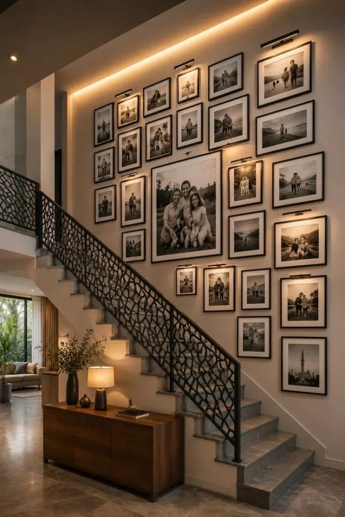 Modern staircase family photo gallery wall with matching black frames, picture display lights, warm LED cove lighting, and a dark wood console table underneath.