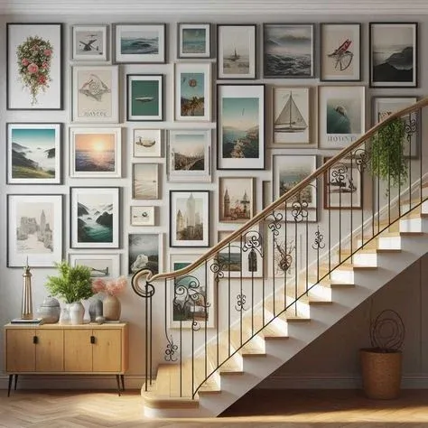 Maximalist staircase gallery wall featuring tightly arranged framed artwork, landscape prints, a wooden sideboard cabinet, and decorative potted plants along a traditional staircase.