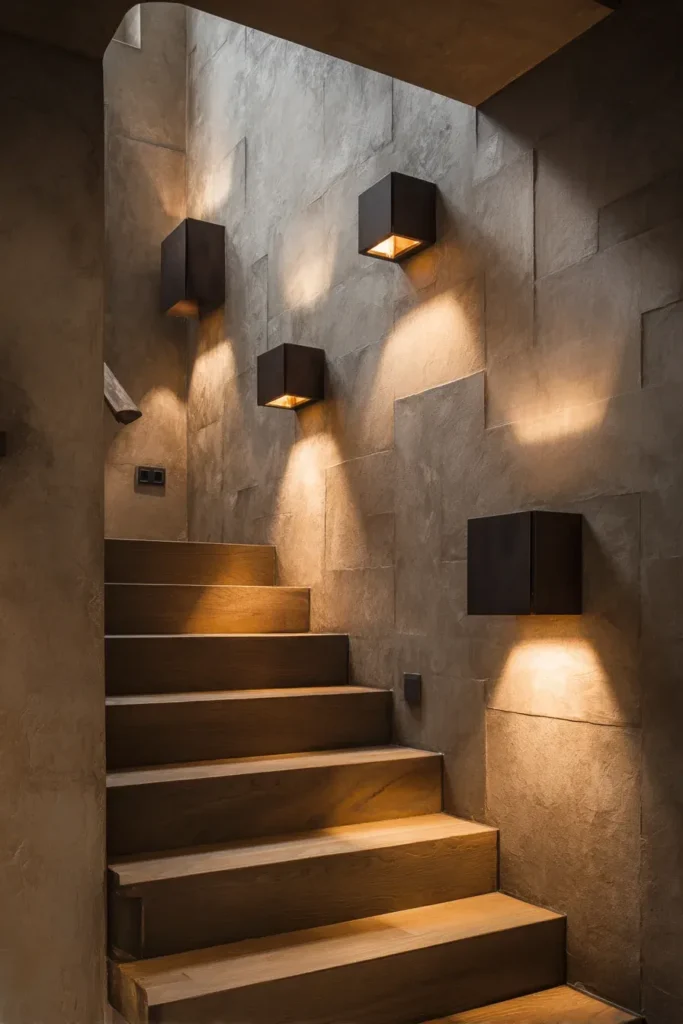 Modern interior wooden stairs with contemporary black up-and-down wall sconces installed on a rustic grey stone wall.