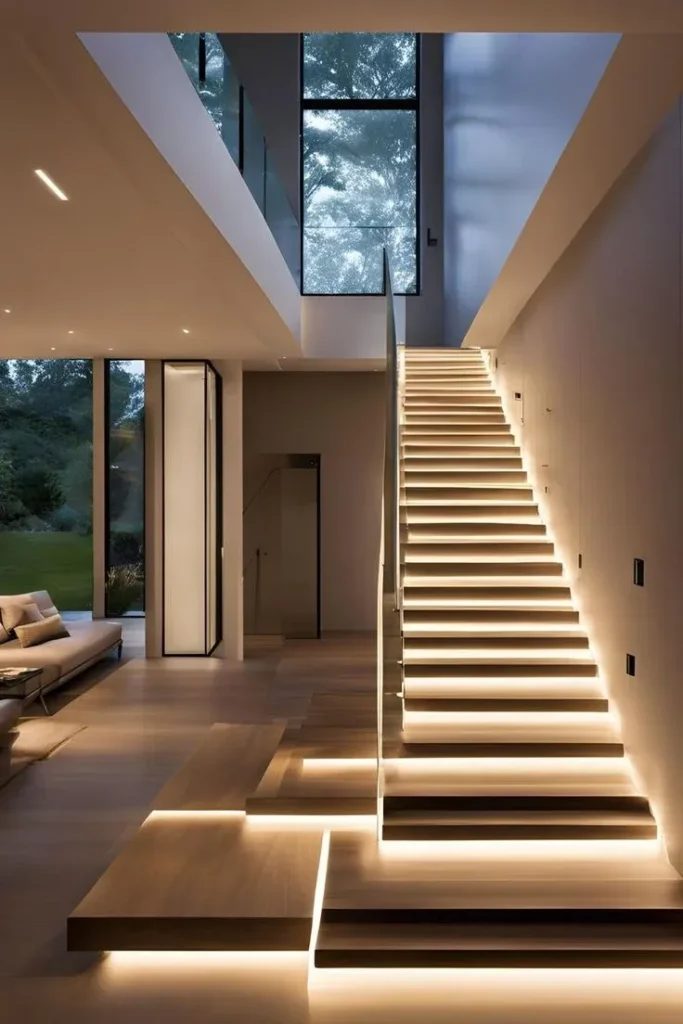 Modern staircase design featuring warm LED stair tread lighting, sleek glass handrails, and open-plan luxury living space.