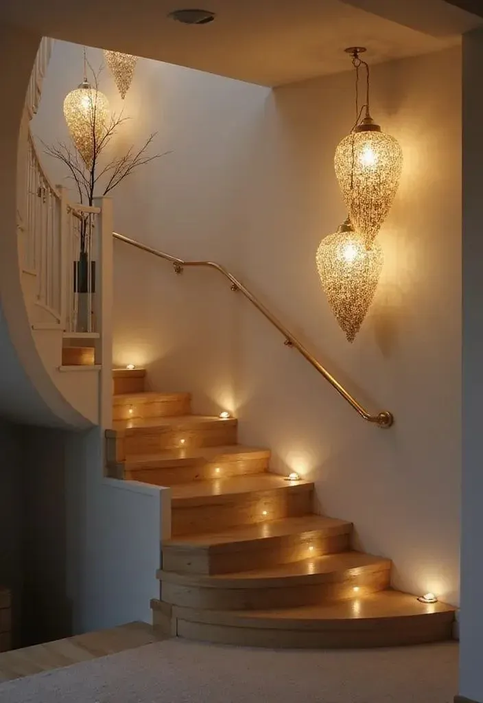 Elegant wooden staircase design with warm low-level riser lighting, brass handrail, and woven teardrop pendant light fixtures.