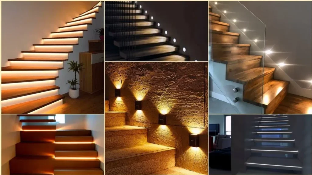 A visual guide to staircase lighting, presenting six distinct design options: warm and cool under-step lighting, modern side-wall spotlights, and geometric up-down sconces on stone veneer.
