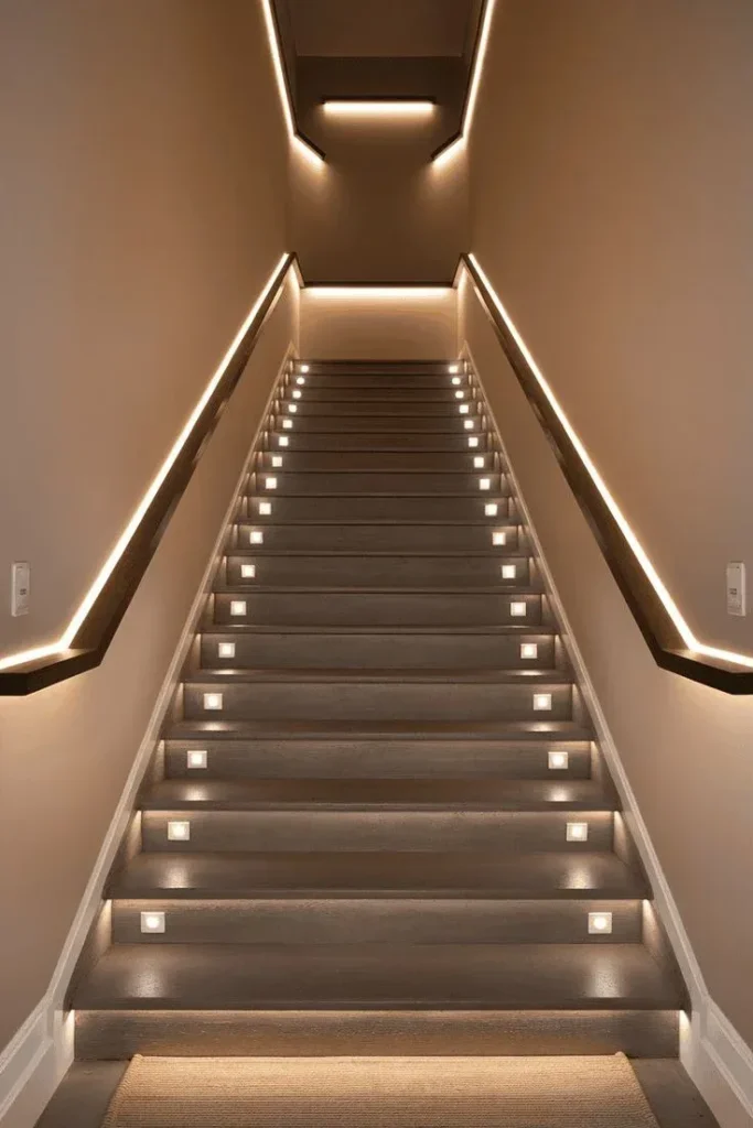 Modern interior staircase lighting featuring symmetrical low-level riser lights and continuous LED handrail strip lighting.