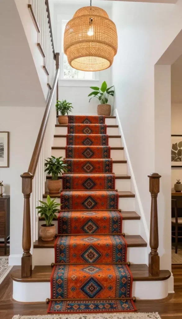 Straight wooden staircase with white risers featuring a vibrant orange and teal patterned carpet runner held with brass rods, potted green houseplants on the steps, and a large woven rattan dome pendant light hanging above.