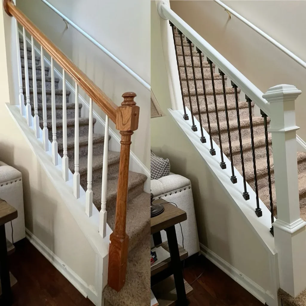 Side-by-side comparison of a staircase before and after a renovation, showing a dated oak handrail with white wooden spindles on the left, and an updated modern look on the right featuring a crisp white handrail and box newel post paired with slim black wrought-iron balusters.