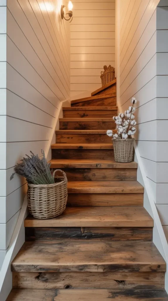 Narrow rustic staircase crafted from warm reclaimed wood set between white shiplap walls, decorated with a woven wicker basket of dried lavender on a lower step and a basket of cotton stems further up.
