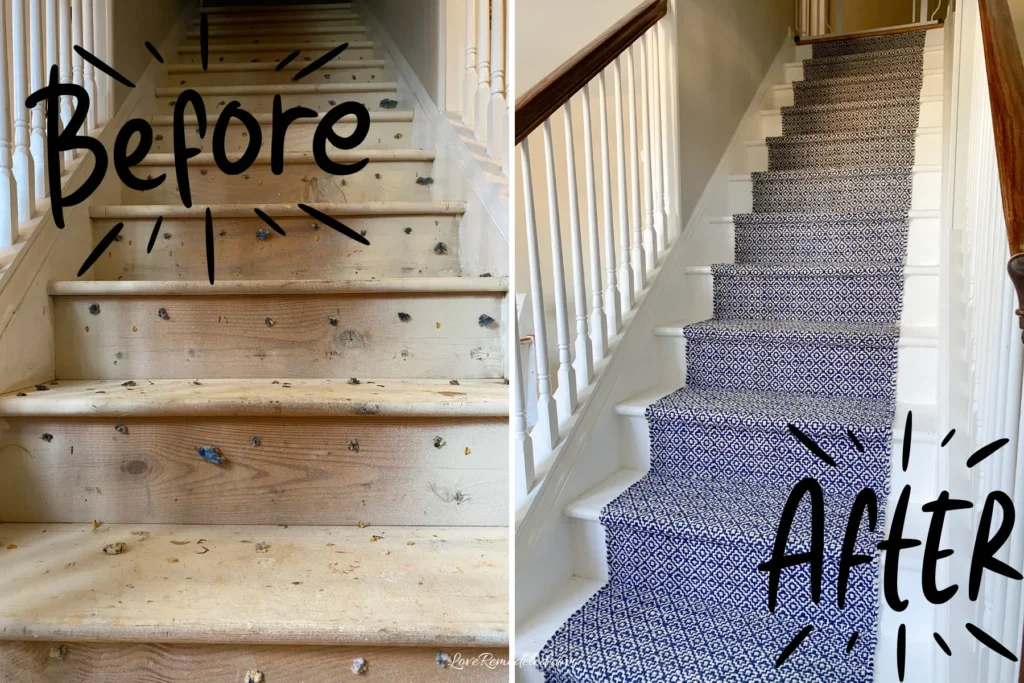 Side-by-side before and after transformation of a staircase, showing unfinished, stained wooden steps on the left, and freshly painted white stairs styled with a patterned navy blue and white runner rug on the right.