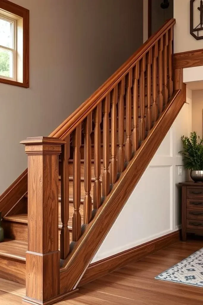 Traditional wooden staircase featuring a rich honey-oak stain, detailed wooden spindles, a substantial square Craftsman-style newel post, and matching wood trim alongside white wainscoting paneling.