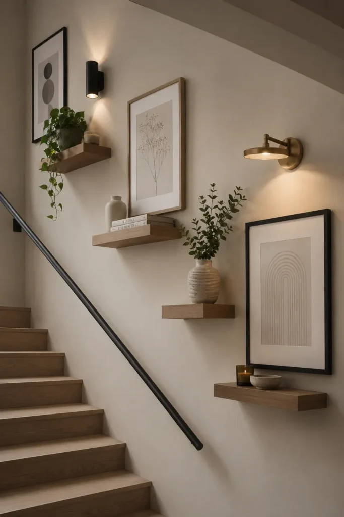Modern staircase wall featuring floating wooden shelves adorned with potted greenery, ceramic vases, stacked books, framed botanical art, and warm brass sconce lighting against a neutral wall.