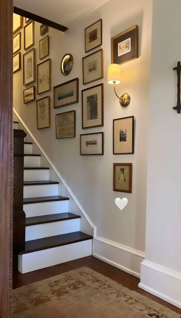 Classic staircase wall featuring an asymmetrical gallery wall of framed vintage artwork, sketches, and a small round mirror, illuminated by a warm brass sconce lamp beside dark wooden stair treads with white risers.
