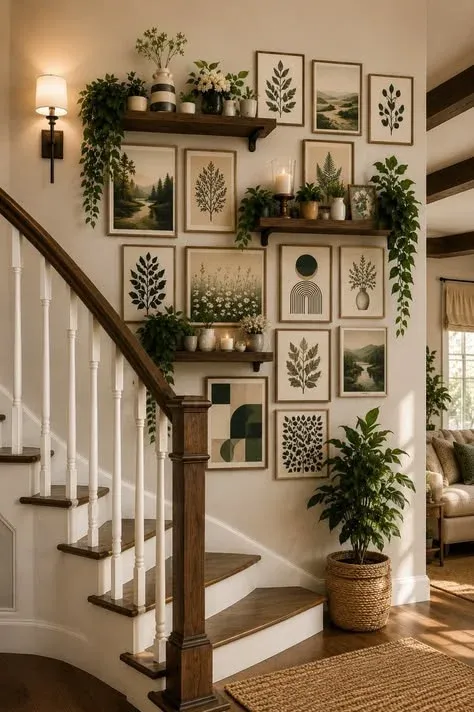Warmly lit staircase wall featuring a botanical gallery wall display mixed with dark wood floating shelves, potted trailing plants, nature prints, and a potted floor plant next to wooden stairs with white spindles.