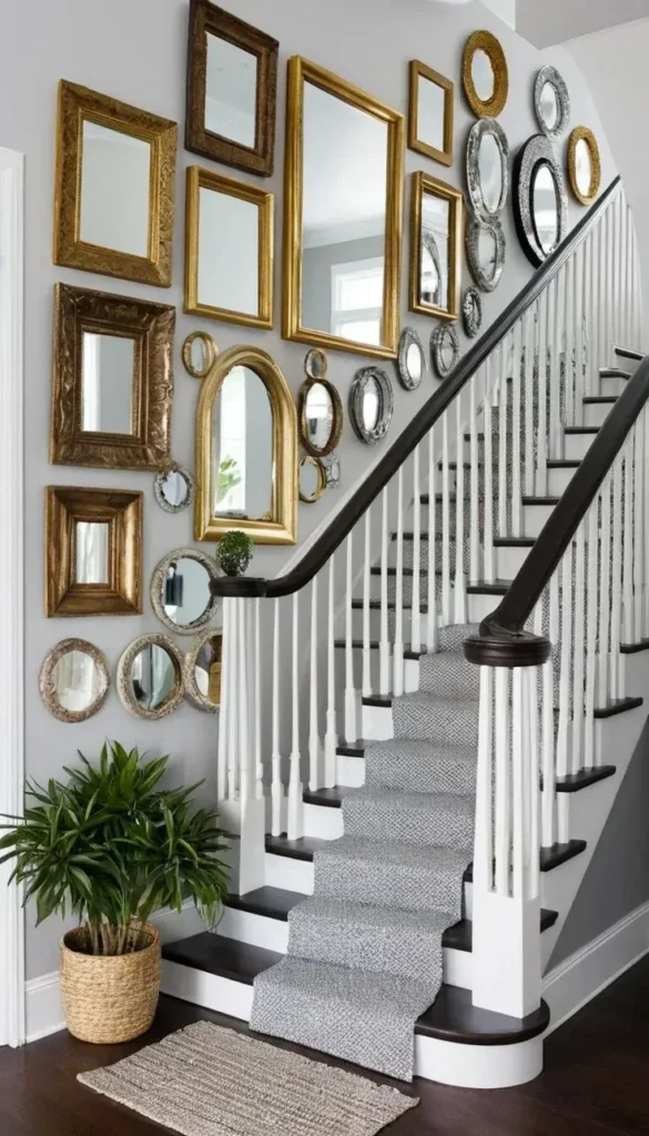 Grand staircase featuring a light gray wall decorated with an extensive gallery of ornate vintage gold and silver framed mirrors, alongside a carpeted stair runner, dark banister rail, and potted floor plant.