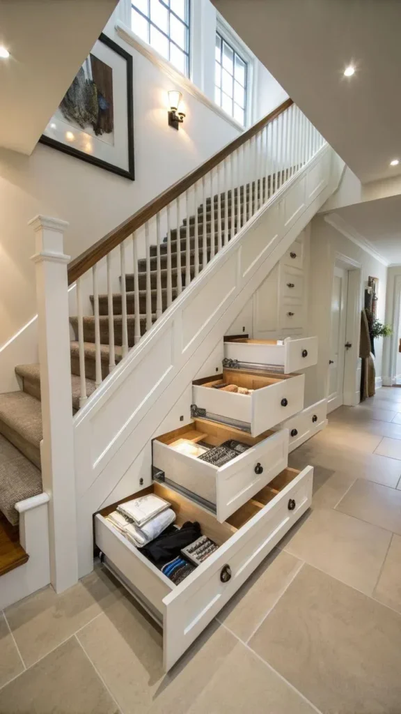 Custom white under-stairs storage unit featuring multiple pull-out drawers with warm interior lighting, filled with organized clothes and linens, next to a carpeted staircase with white wainscoting.
