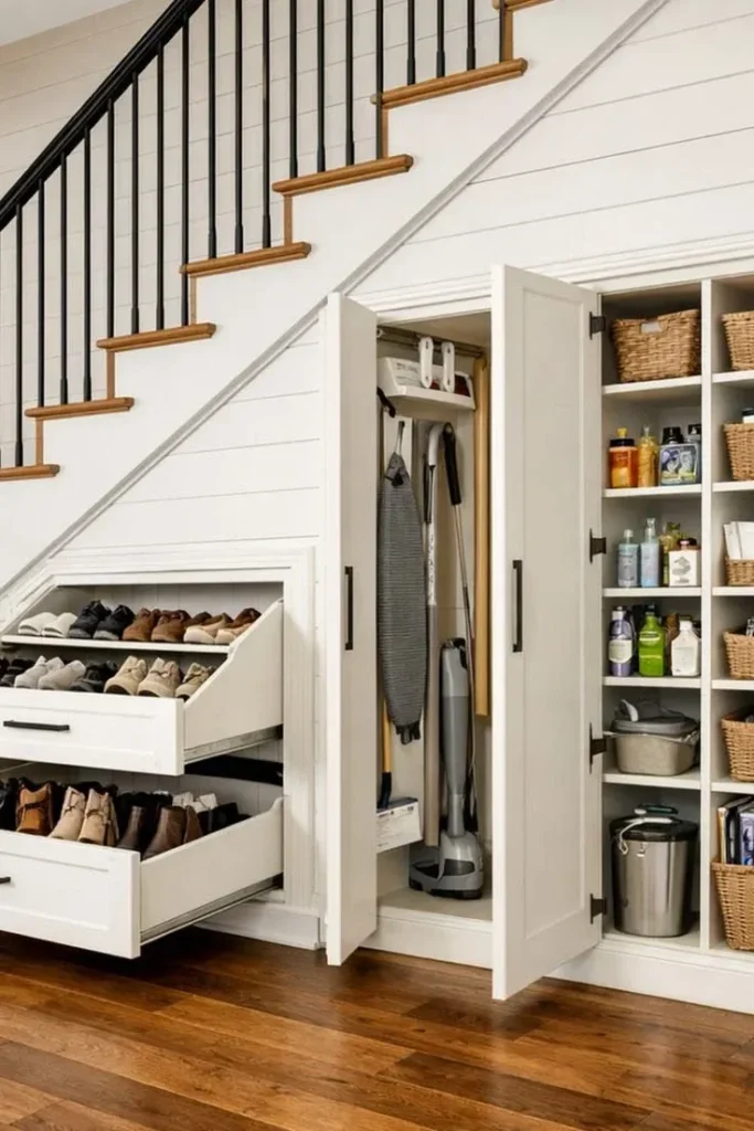 Custom white under-stairs storage system with pull-out shoe drawers on the left, a tall utility closet housing an ironing board and vacuum in the center, and built-in pantry shelves with woven baskets on the right.
