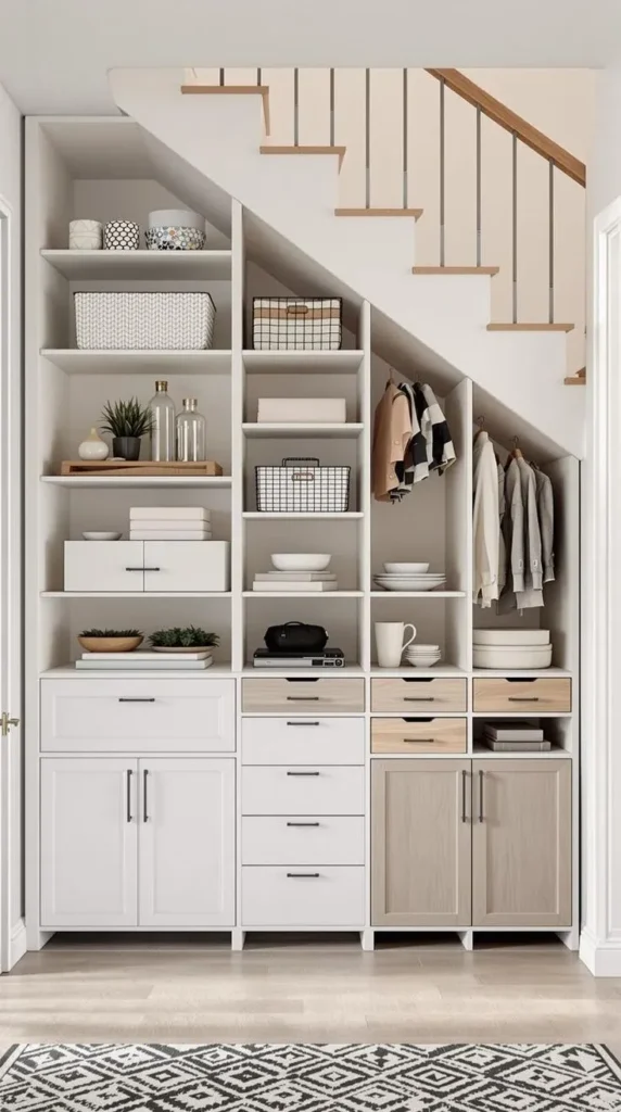 Custom white and light wood built-in under-stair storage unit featuring open shelving with decorative items and wire baskets, lower drawers and shaker cabinets, and two small garment hanging sections with clothes under a wooden staircase.