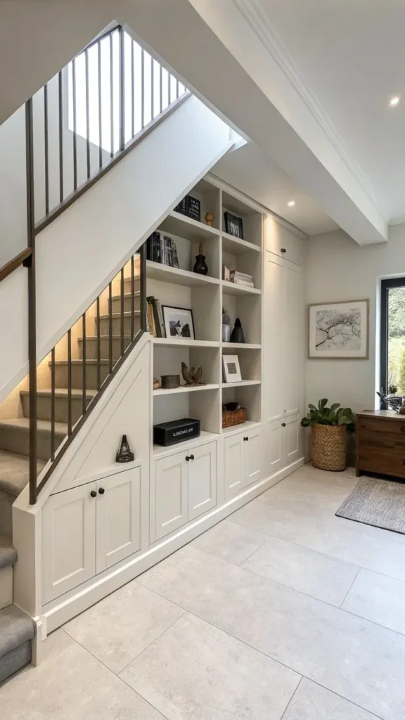 Modern off-white custom built-in unit under a staircase featuring open display bookshelves filled with decor and books, lower shaker-style storage cabinets with black knobs, tall side wardrobe doors, and recessed warm lighting accenting the stairs.