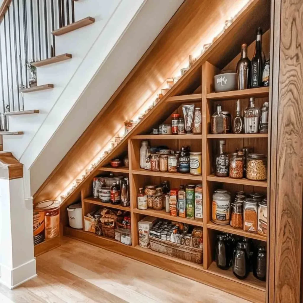 Warm wood custom under-stair pantry unit featuring open shelving organized with dry goods, glass storage jars, spices, and bottles, illuminated by integrated warm strip lighting along the slanted ceiling line under floating stair treads.