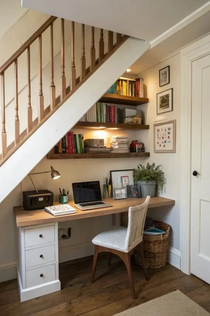 Functional under-stair study nook featuring a wooden desk top with a white drawer pedestal, laptop, desk lamp, and chair beneath floating wood bookshelves filled with books and integrated warm lighting.