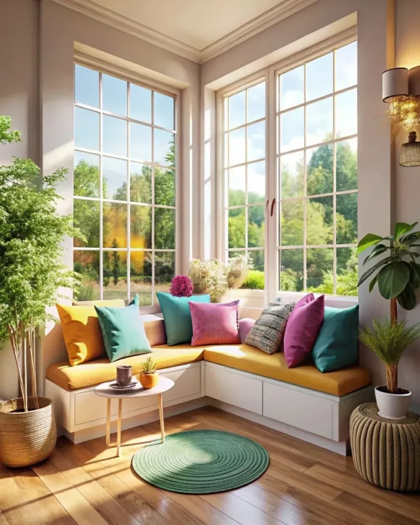 A bright, L-shaped built-in corner window seat with a warm mustard yellow cushion, styled with vibrant teal, pink, and orange throw pillows, looking out onto a sunny green garden.