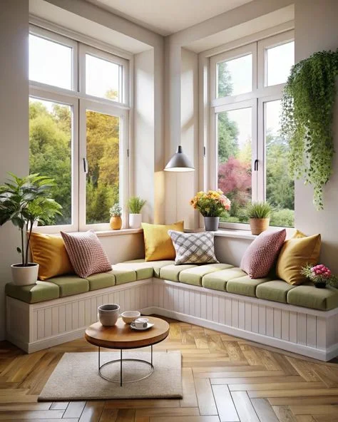 A cozy, L-shaped built-in corner window seat featuring a white beadboard panel base, comfortable sage green tufted cushions, and a mix of mustard yellow, plaid, and dusty pink throw pillows.