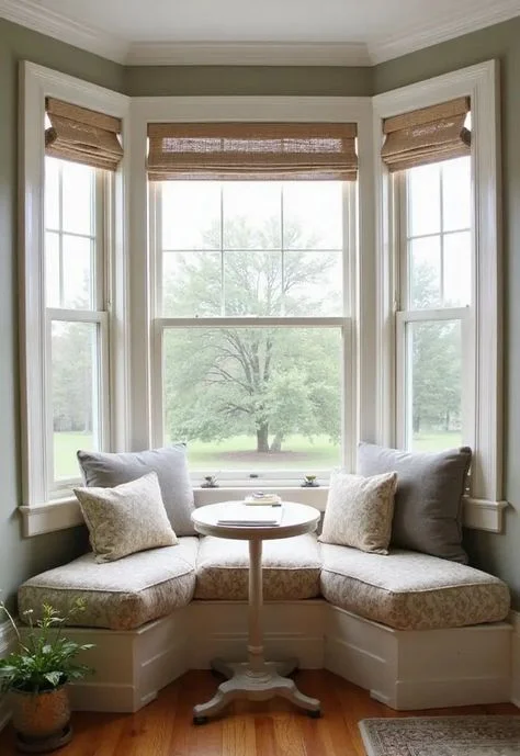 Cozy bay window seat reading nook featuring a built-in cushioned bench, neutral patterned throw pillows, a small round wooden pedestal table, and woven bamboo Roman shades overlooking a green lawn.
