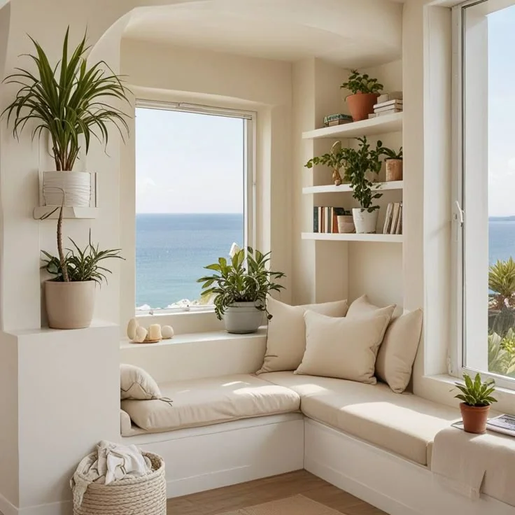 Mediterranean-style cozy corner window seat with a built-in L-shaped cream cushioned bench, matching neutral pillows, built-in bookshelves filled with plants, and a scenic ocean view through large windows.