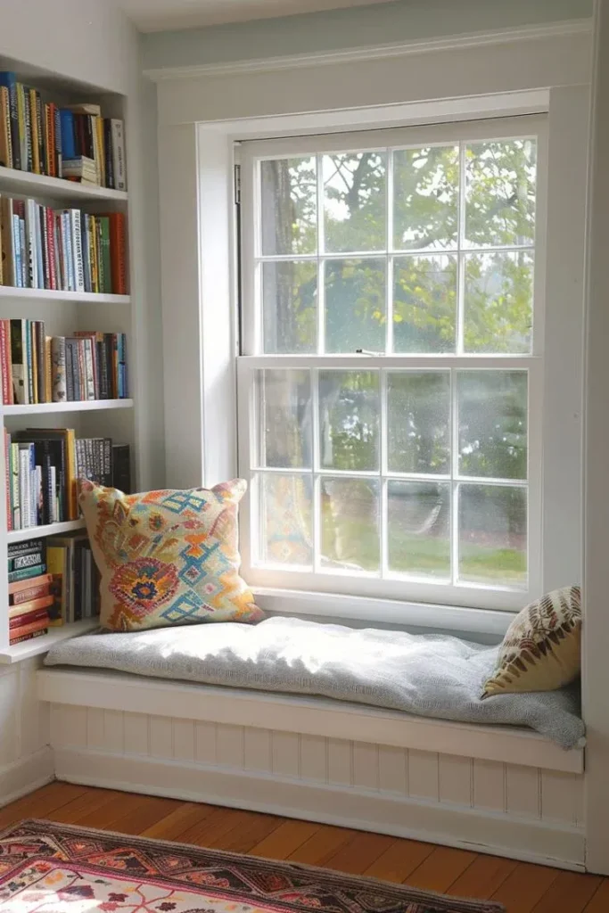 Cozy built-in window seat under a double-hung sash window, featuring a light grey cushion, a colorful patterned bohemian throw pillow, and integrated bookshelves filled with books.