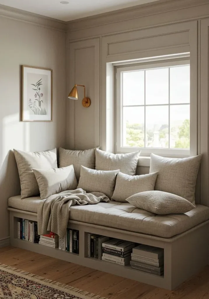 A cozy, custom built-in window seat styled as a reading nook with a plush tufted beige cushion, multiple neutral throw pillows, a draped knit blanket, and integrated under-seat bookshelves filled with books.