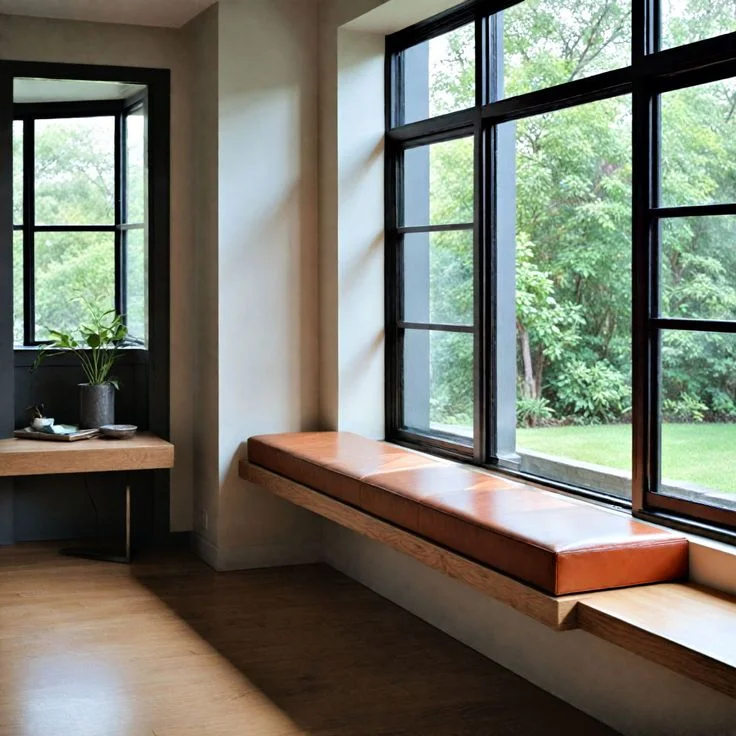Minimalist modern reading nook featuring a custom floating oak wood bench with a tufted cognac leather cushion. The bench is built along a large, industrial-style black metal frame window overlooking a lush green garden. Warm wood flooring, neutral walls, and a small wooden side table with a potted green plant complete the serene, contemporary interior design.
