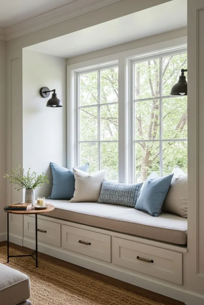 A long, white built-in window seat with under-bench storage drawers, styled with blue and cream pillows under two large gridded windows with black wall sconces.