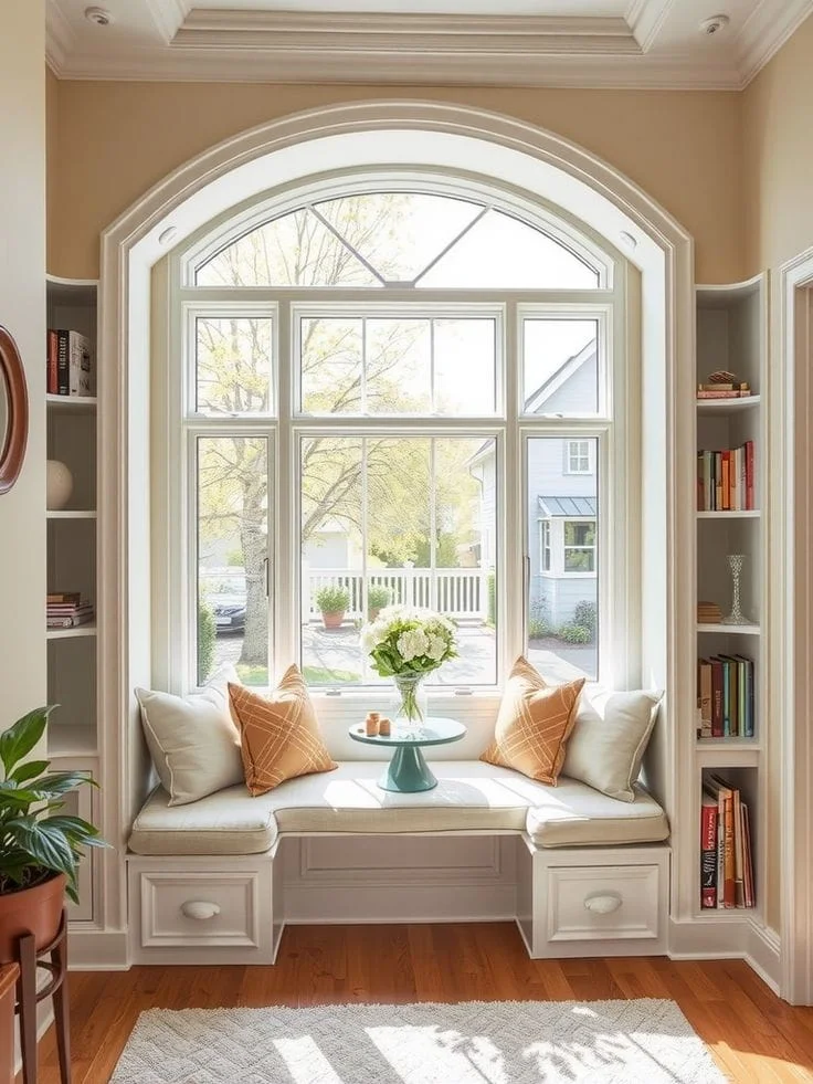 This beautifully designed built-in window seat alcove serves as the ultimate cozy reading nook, seamlessly blending functionality with elegant architectural details. Framed by a grand, arched transom window, the space is flooded with natural light and offers a serene view of the outdoors.The window seat is flanked by floor-to-ceiling recessed bookshelves, keeping your favorite reads within arm's reach.