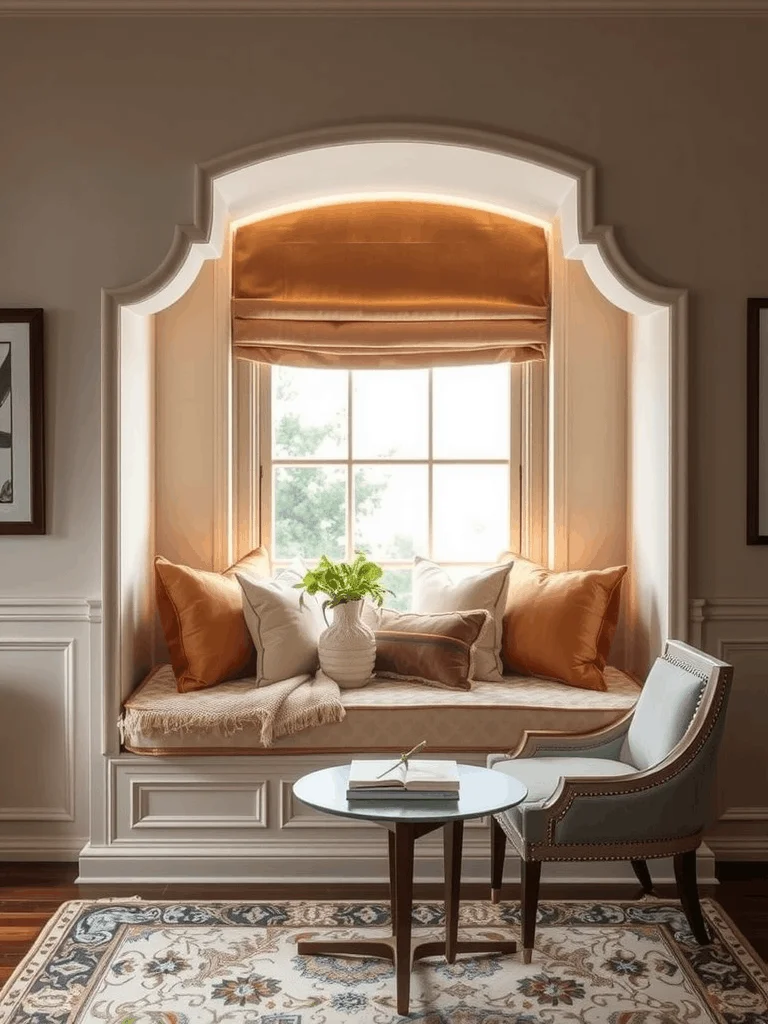 This sophisticated window seat combines classic architectural elegance with a deeply cozy, inviting atmosphere. Nestled beneath a unique stepped, scalloped archway, the alcove is designed as a luxurious retreat for reading, relaxing, or enjoying a quiet morning.

Warm, integrated ambient lighting softly glows from within the arch, beautifully highlighting the rich textures and warm tones of the space, while traditional wainscoting and a vintage-patterned rug add timeless character to the room.